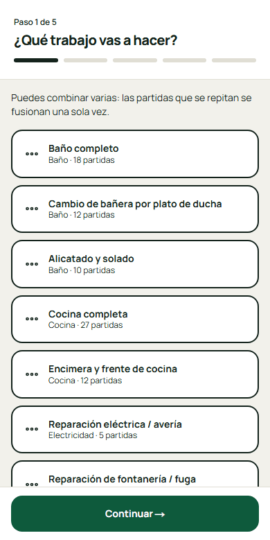 Pantalla de Kavantia con la lista de trabajos para elegir al empezar un presupuesto
